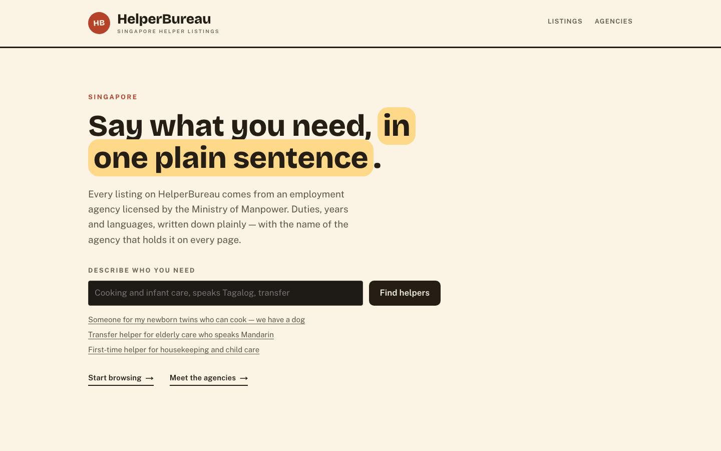 HelperBureau home page: say what you need in one plain sentence